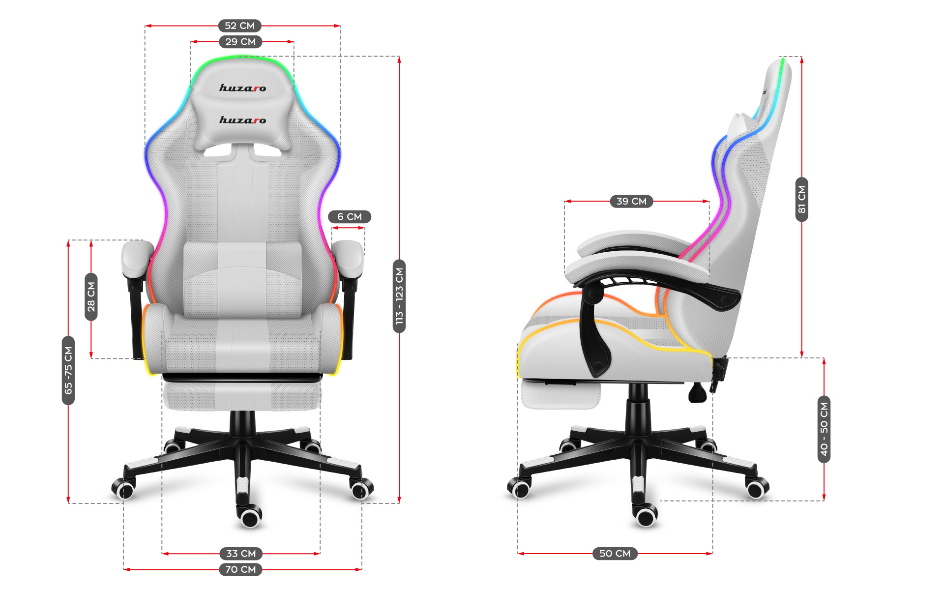 Žaidimų kėdė Huzaro Force 4.7 RGB, Baltos spalvos aprašymas - Prekės nuotrauka